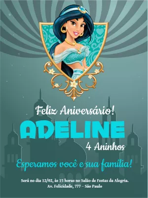 Convite de Aniversário da Princesa Jasmine para Editar Online
