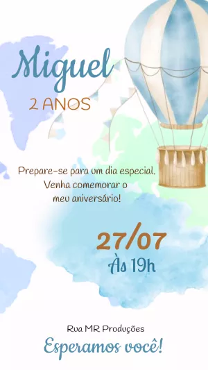 Convite Aniversário Balão Aquarela para Editar Online