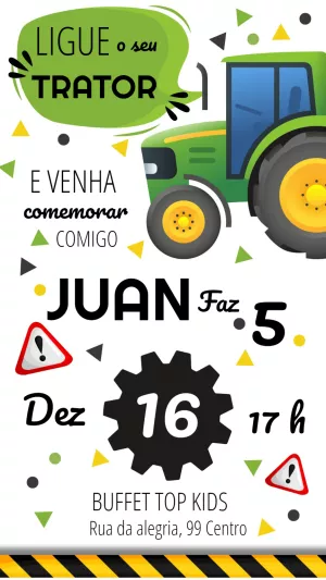 Convite de Aniversário Trator para Editar e Imprimir