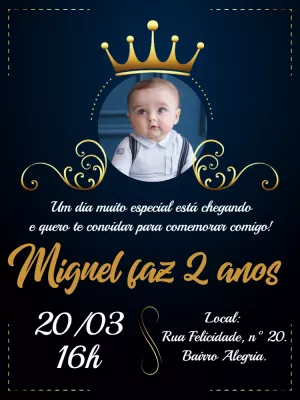 Convite de Aniversário Príncipe Realeza com Foto para Editar