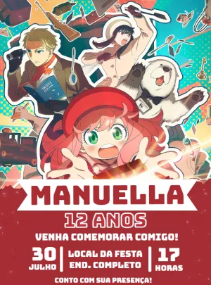 Convite de Aniversário Spy x Family para Editar e Imprimir
