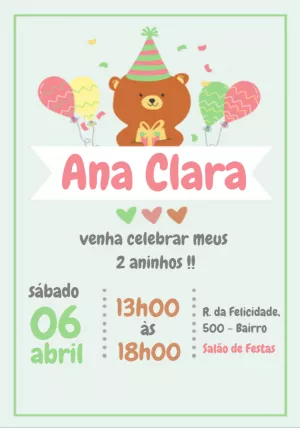 Convite de Aniversário Ursinho Fofo com Balões para Editar