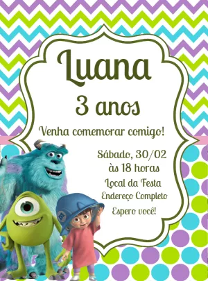 Convite Aniversário Monstros S.A. com Personagens para Editar