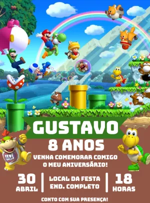 Convite de Aniversário Super Mario Bros com Personagens para Editar