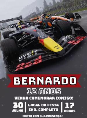 Convite Aniversário Fórmula 1 com Carro de Corrida para Editar