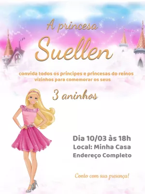 Convite de Aniversário Barbie Princesa para Editar Online