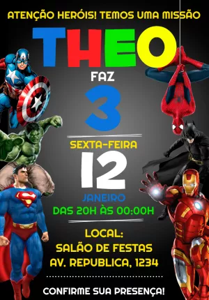 Convite de Aniversário Super-Heróis Vingadores para Editar Online