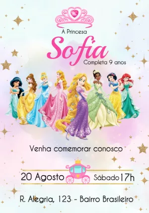 Convite de Aniversário Princesas Disney para Editar Online
