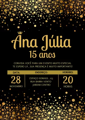 Convite de 15 Anos Dourado e Preto para Editar Online