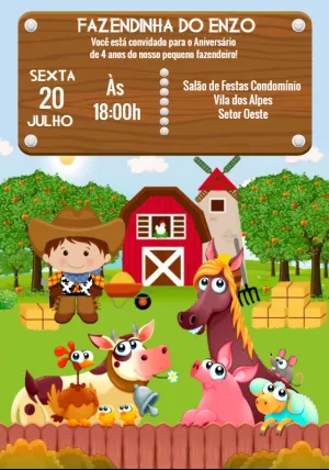 Convite Aniversário Fazendinha com Animais para Editar Online