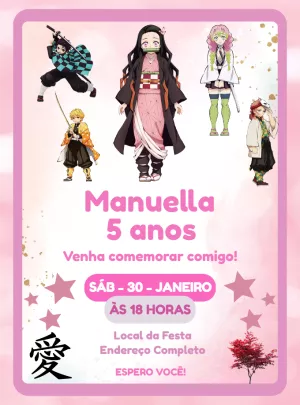 Convite Aniversário Demon Slayer Menina para Editar Online