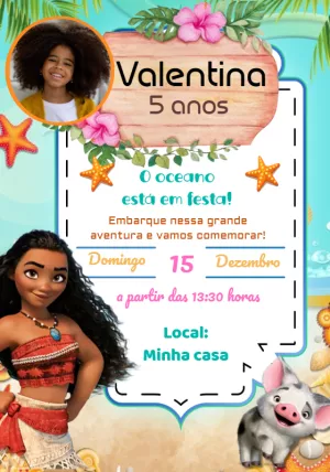 Convite de Aniversário Moana com Foto para Editar Online