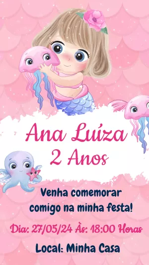 Convite Aniversário Sereia Infantil para Editar Online