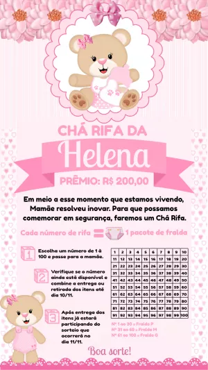 Convite Chá Rifa Ursinha Princesa para Editar Online