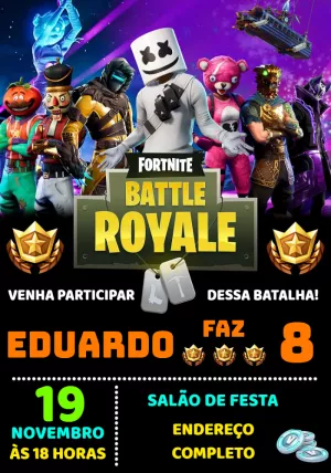 Convite de Aniversário Fortnite com Personagens para Editar