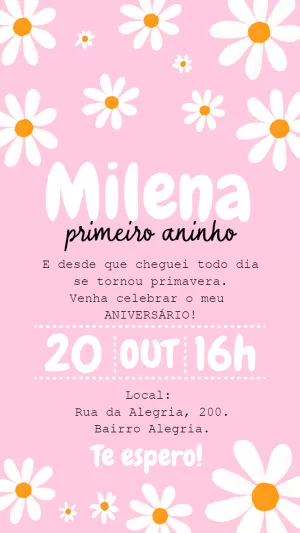 Convite de Aniversário Margaridas Rosa para Editar Online