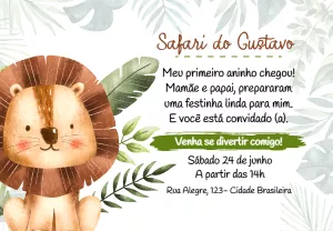 Convite Aniversário Safari Menino com Leão para Editar Online