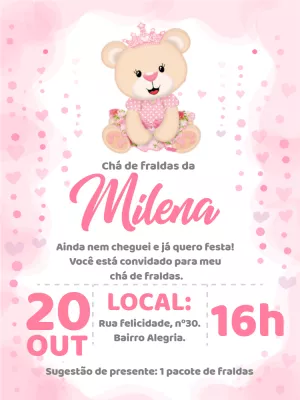 Convite Chá de Fraldas Ursinha Princesa para Editar Online