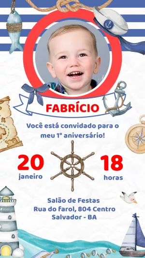 Convite de Aniversário Marinheiro com Foto para Editar Online