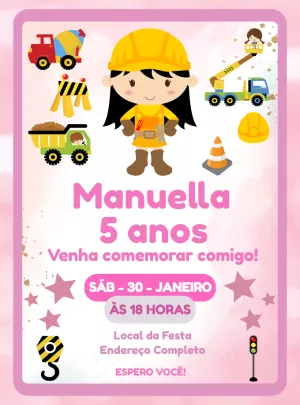 Convite Aniversário Construtora Menina para Editar Online