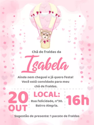 Convite Chá de Fraldas Ursinha Baloeira para Editar Online