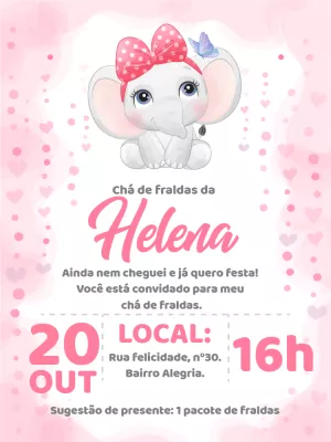 Convite Chá de Fraldas Elefantinha Rosa para Editar Online