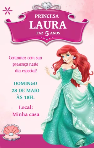 Convite Aniversário Pequena Sereia Ariel para Editar Online