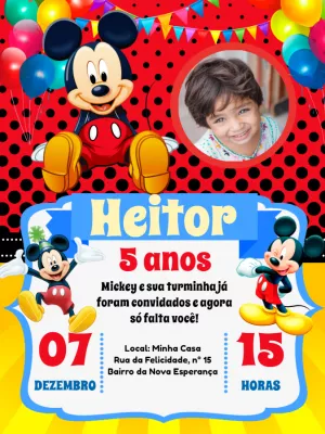 Convite de Aniversário Mickey Mouse com Foto para Editar