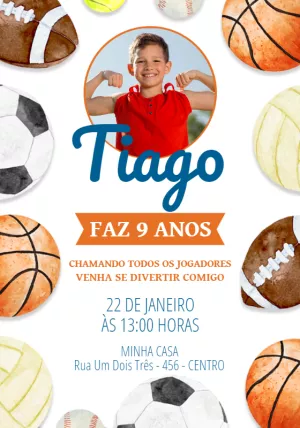 Convite Aniversário Esportes com Foto para Editar Online