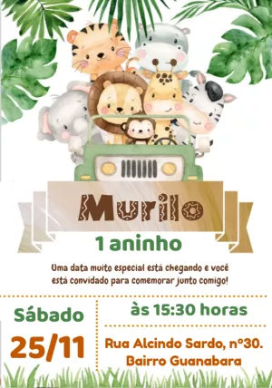 Convite Aniversário Safari com Animais para Editar Online