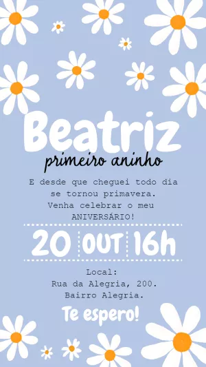 Convite Aniversário Margaridas Azul para Editar Online