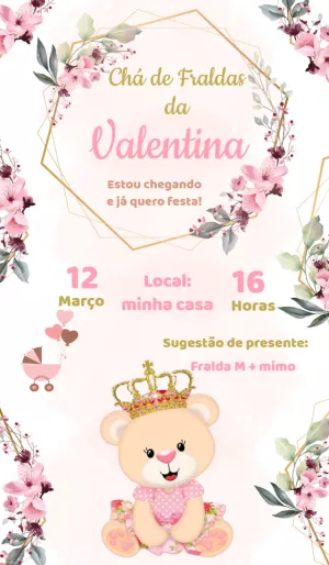 Convite Chá de Fraldas Ursinha Princesa para Editar Online