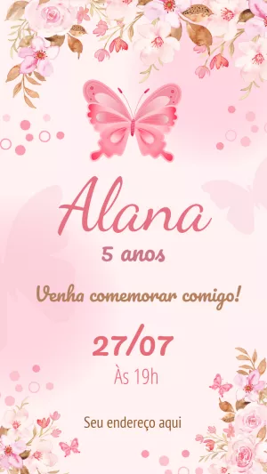 Convite Aniversário Jardim das Borboletas Aquarela Rosa para Editar