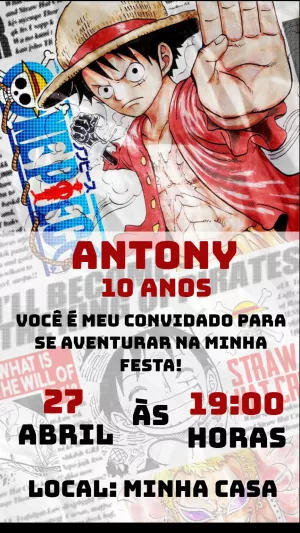 Convite Aniversário One Piece com Luffy para Editar Online