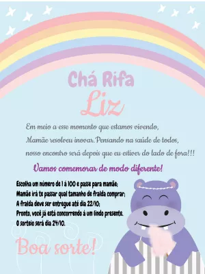 Convite Chá Rifa Arco-Íris com Hipopótamo para Editar