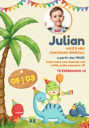 Convite Aniversário Baby Dino com Foto para Editar Online