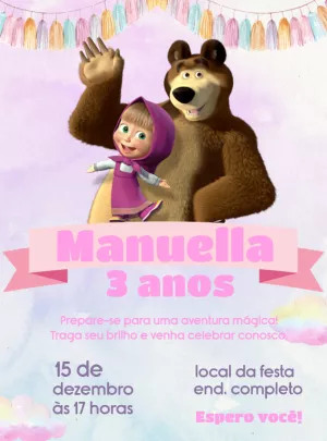 Convite Aniversário Masha e o Urso Rosa para Editar Online
