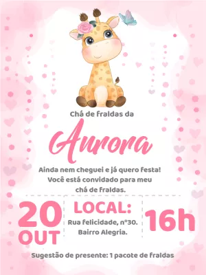Convite Chá de Fraldas Girafinha Rosa para Editar Online