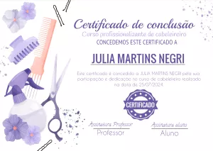 Certificado de Curso de Cabeleireiro Editável para Imprimir