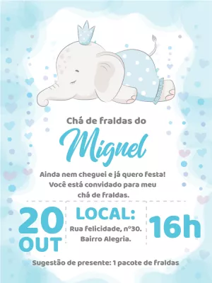 Convite Chá de Fraldas Elefantinho Azul para Editar Online