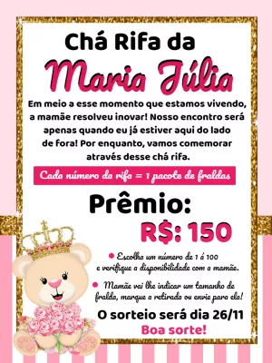 Convite Chá Rifa Ursinha Princesa Glitter para Editar Online