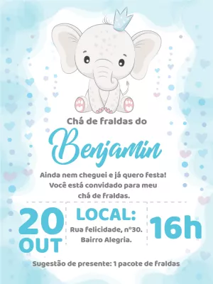 Convite Chá de Fraldas Elefantinho Azul para Editar Online
