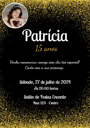 Convite 15 Anos Glitter Dourado com Foto para Editar Online