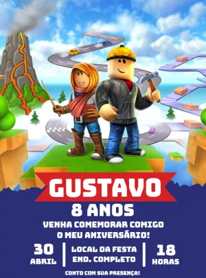 Convite de Aniversário Roblox com Personagens para Editar Online