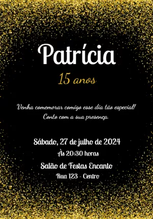 Convite 15 Anos Glitter Dourado e Preto Editável Online