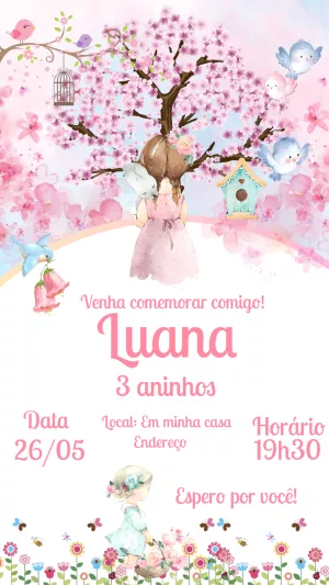 Convite Aniversário Jardim Encantado com Passarinhos para Editar
