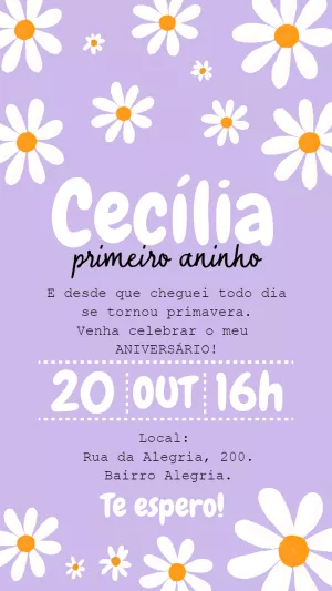 Convite Aniversário Floral Margaridas Lilás para Editar