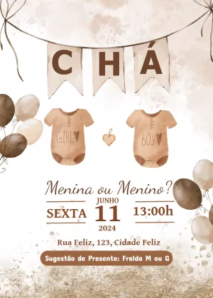 Convite Chá Revelação Boho Aquarela para Editar Online