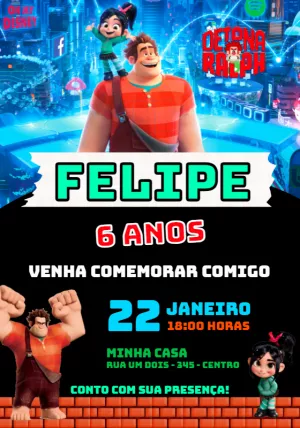 Convite de Aniversário Detona Ralph para Editar Online