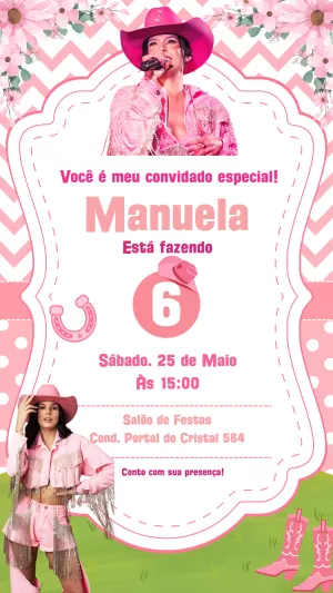Convite Aniversário Ana Castela Boiadeira Rosa para Editar